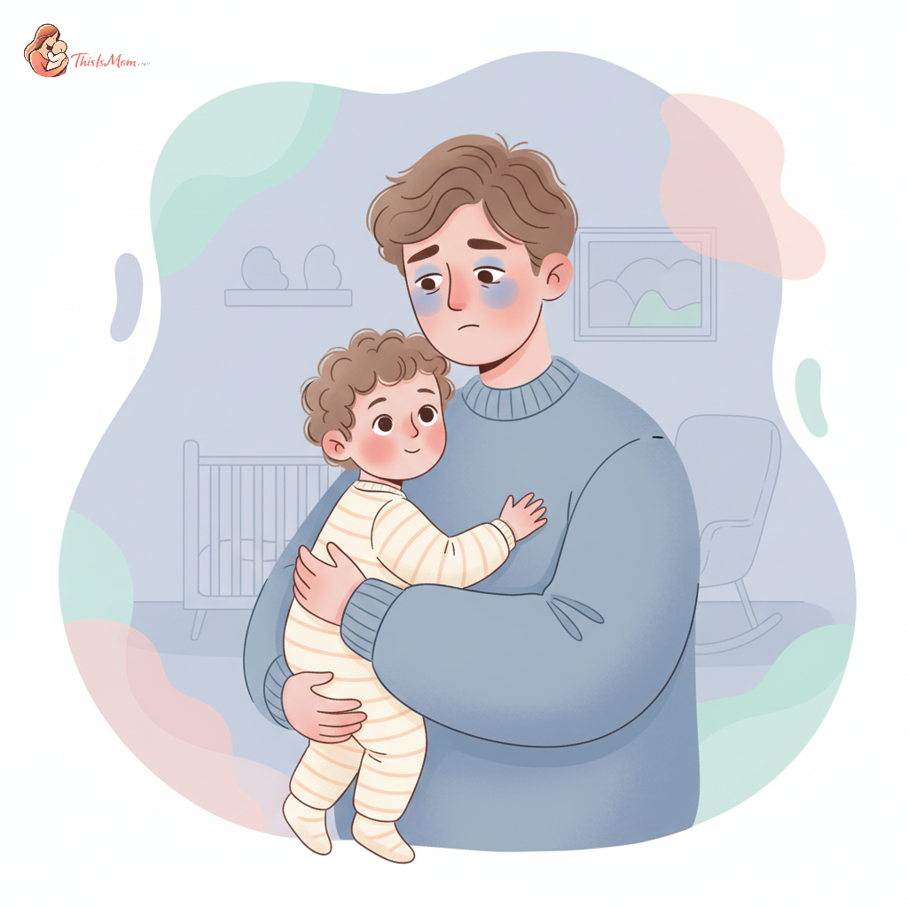 A parent looking tired but loving, holding their wide-awake 18-month-old toddler in a dimly lit nursery, with a clock showing 4 AM.