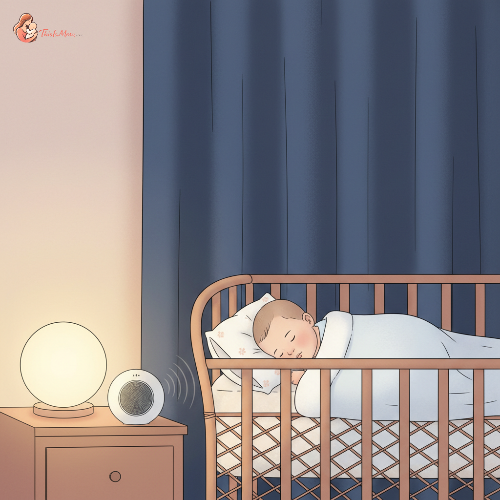 A peaceful baby sleeping soundly in a crib with blackout curtains in the background, a soft glow from a night light, symbolizing effective sleep adjustment for Daylight Saving Time.