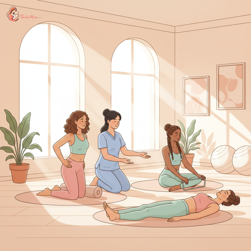 A diverse group of new mothers engaging in gentle postpartum physical therapy exercises, guided by a compassionate therapist in a bright, modern studio. One mother is doing pelvic floor exercises, another is gently stretching her back, and a third is using a resistance band, all showing calm focus and determination.