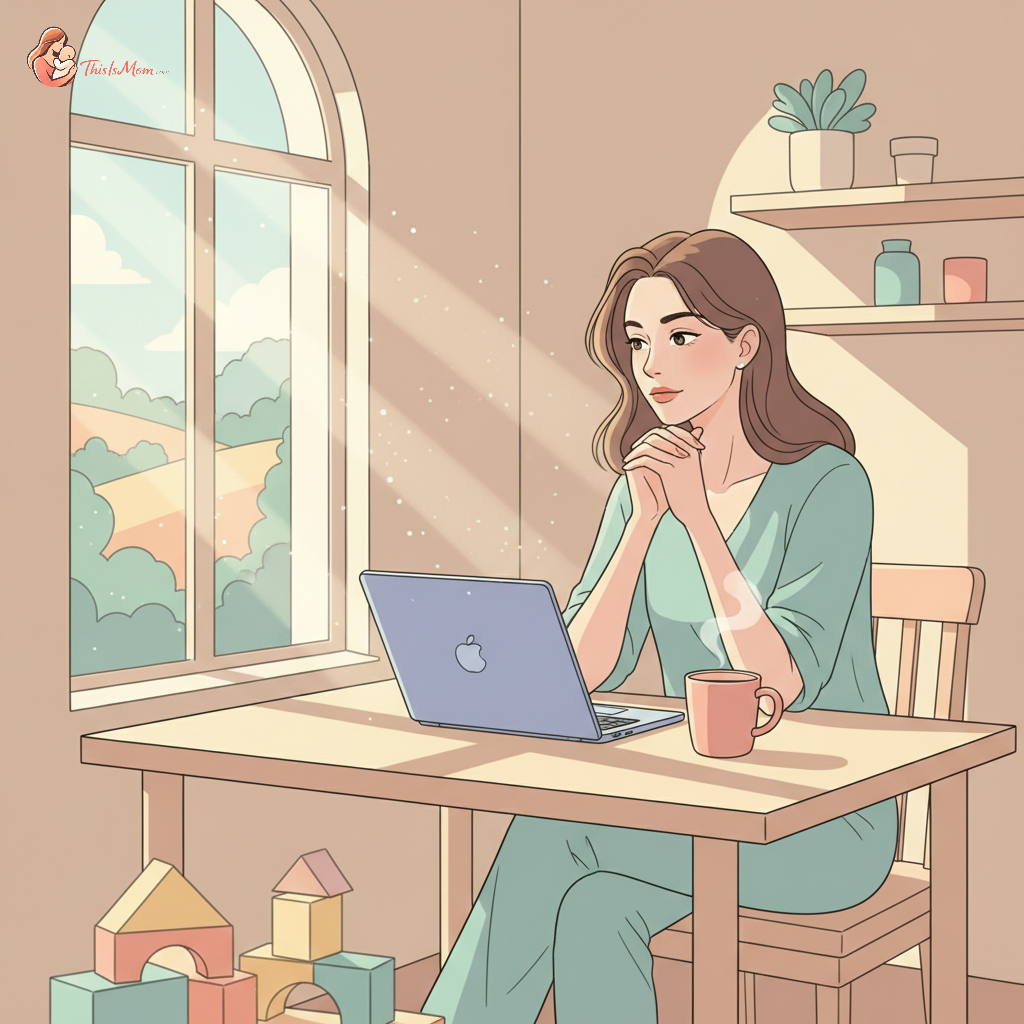 A visibly tired but determined woman, possibly a mother, sipping coffee while looking at a laptop with a child's toy subtly in the foreground, signifying the juggle of work and family life, in soft morning light.