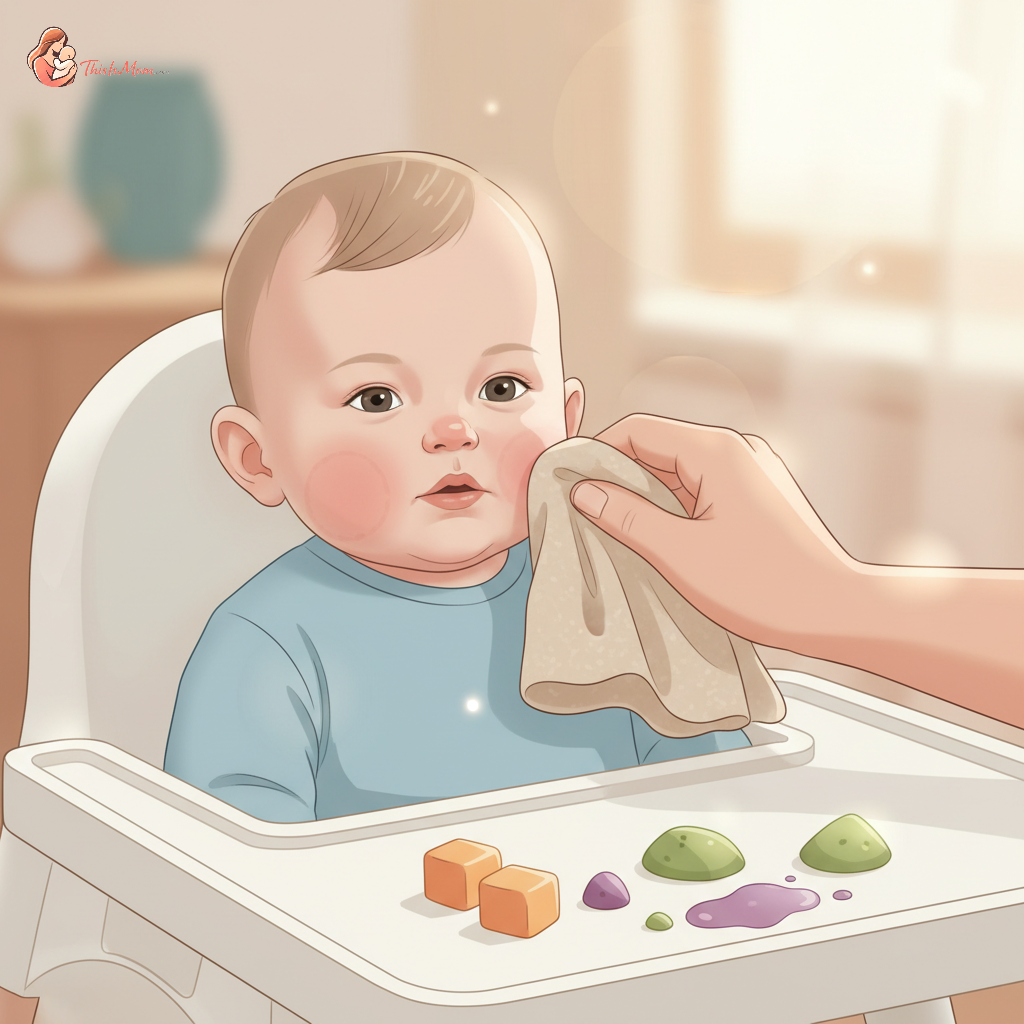 A baby with a small, localized rash around its mouth, gently being wiped by a parent's hand. The baby is seated in a high chair, with a few pieces of soft, colorful food on the tray.