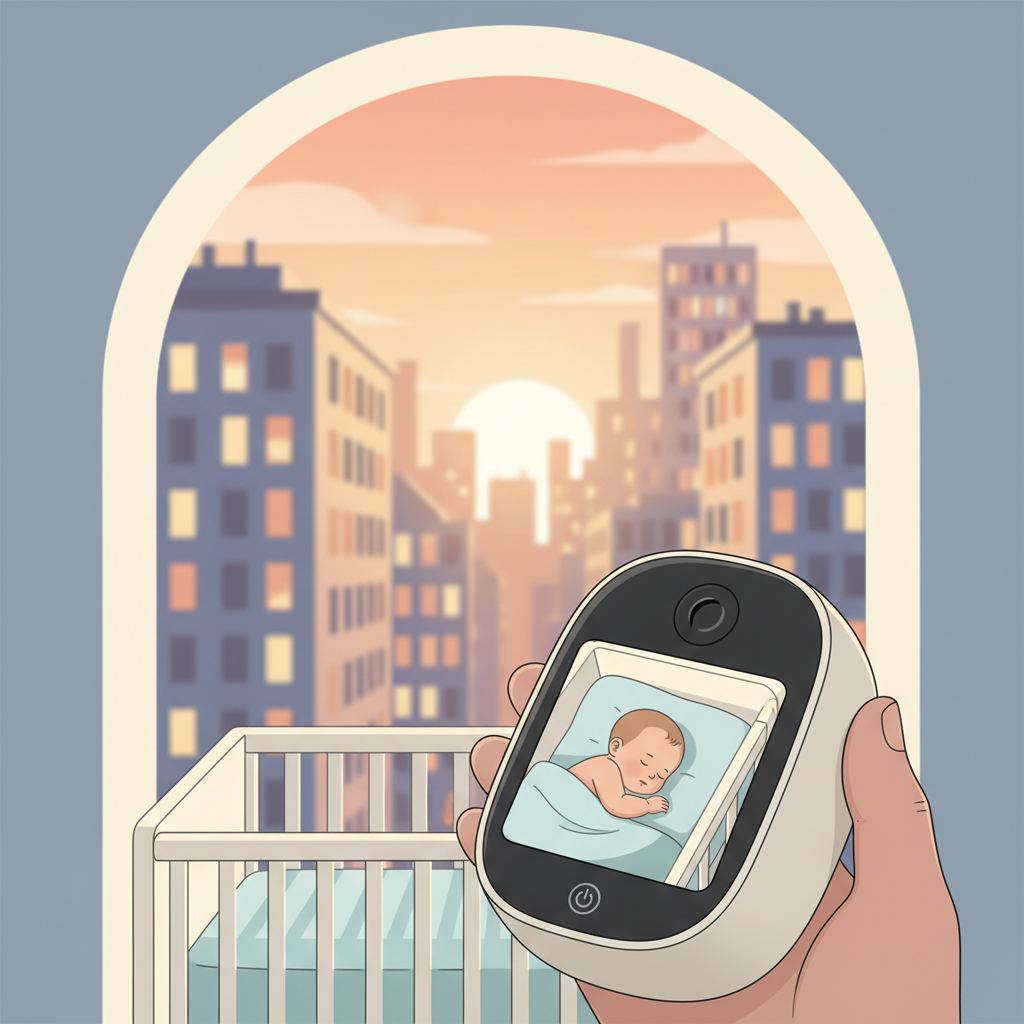 A close-up of a baby monitor screen showing a sleeping baby, with a blurred cityscape of apartment buildings in the background, suggesting urban living and connectivity challenges.