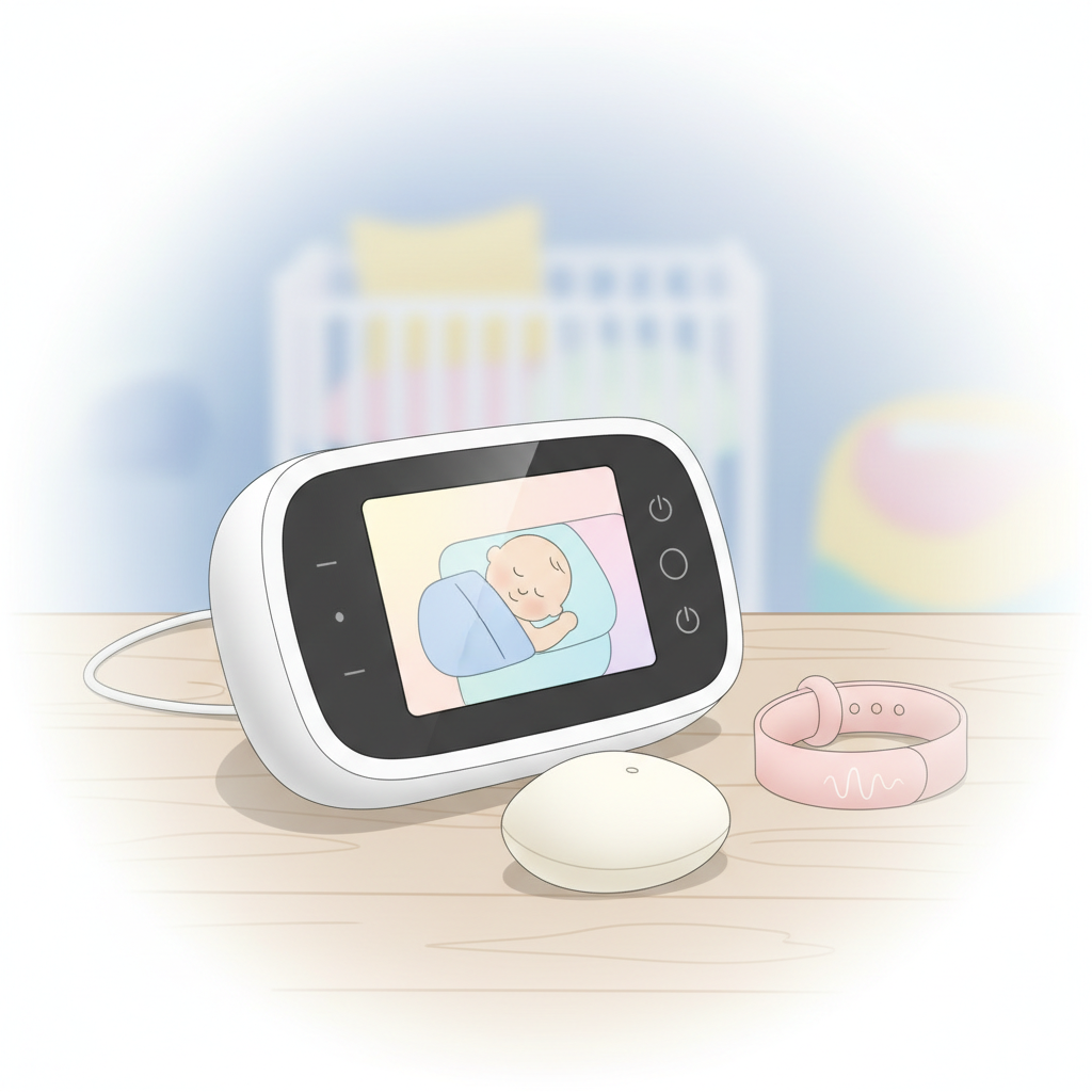 A close-up of a baby monitor parent unit with a flashing light indicator and a vibrating pager device resting next to it, on a modern wooden nightstand in a softly lit nursery.