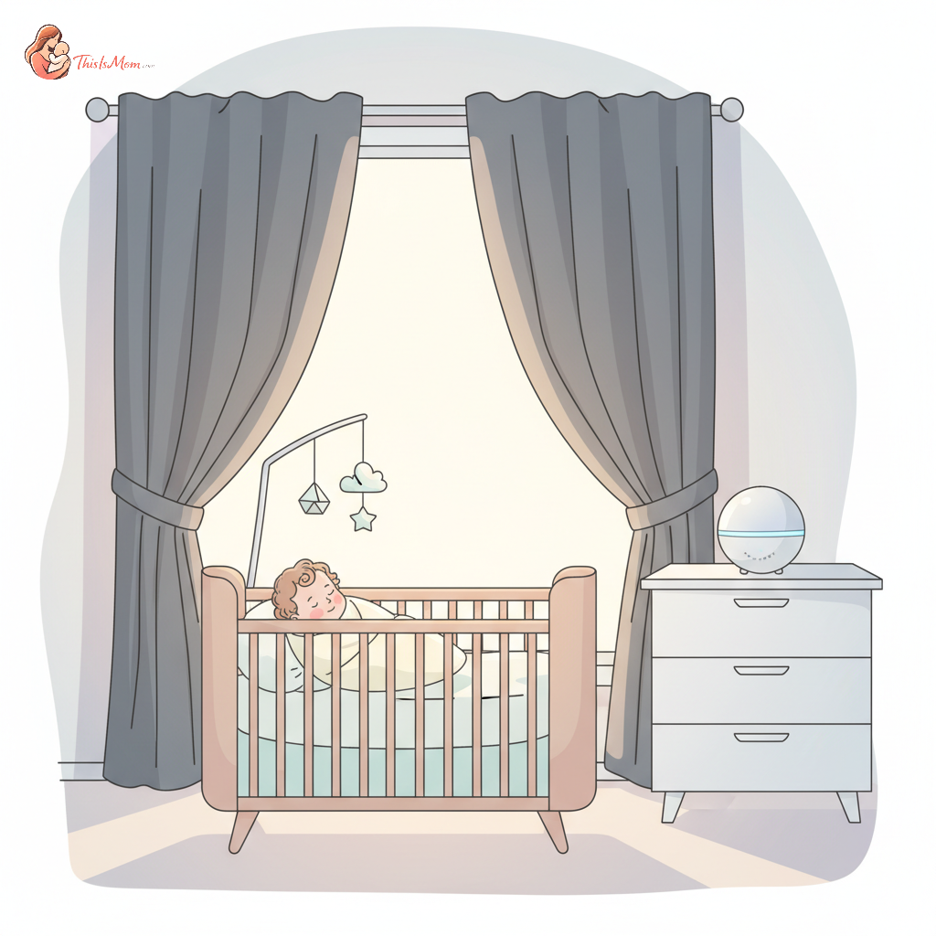 Peaceful baby sleeping in a crib with a white noise machine and blackout curtains visible in the background, conveying a serene sleep environment.