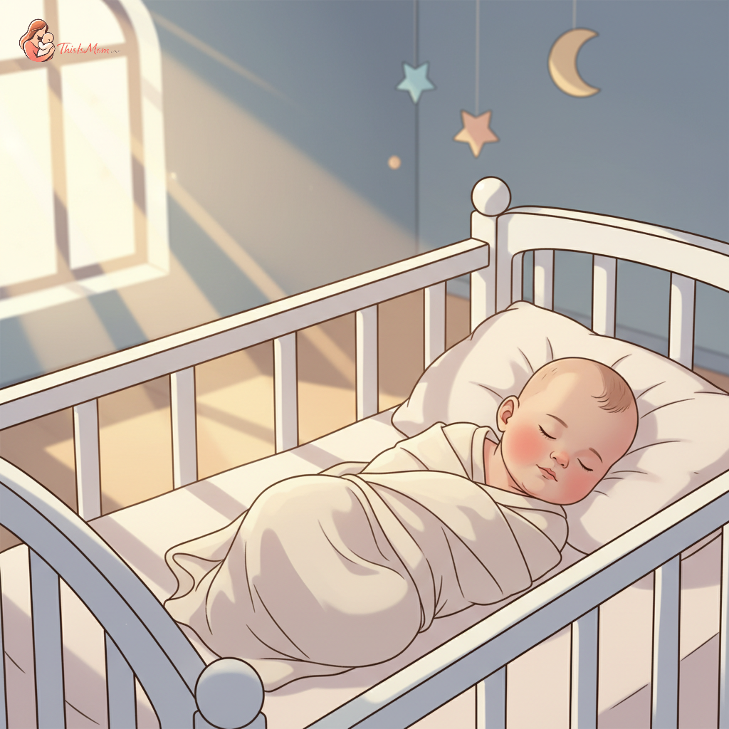 A peaceful baby sleeping soundly in a crib with soft, dim lighting, symbolizing successful longer naps.