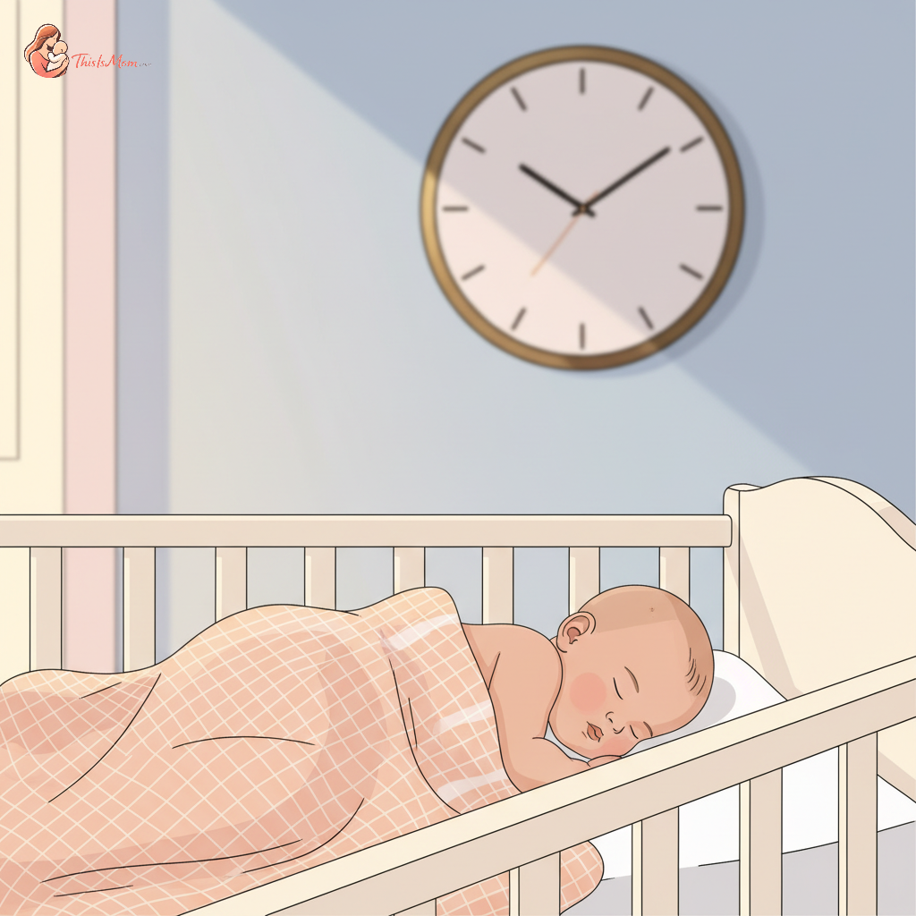 A peaceful baby sleeping soundly in a crib with a warm, soft blanket and a gentle clock in the background, signifying the time change.