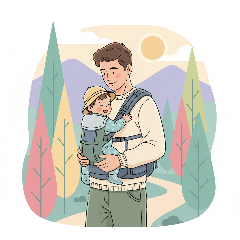 A parent hiking outdoors with a toddler in a front carry hiking carrier, smiling and enjoying the scenery.