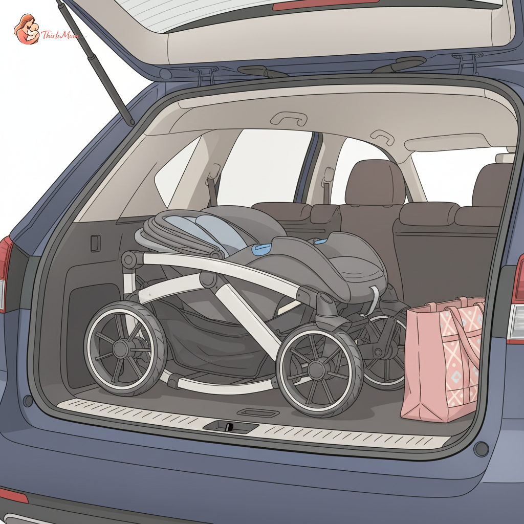 A compact car seat stroller combo neatly folded and placed inside the small trunk of a compact SUV, with just enough room for a few grocery bags beside it.