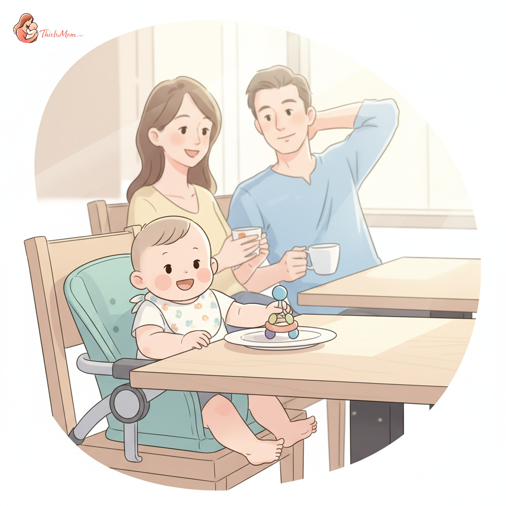 A baby happily seated in a compact Inglesina Fast Table Chair attached to a modern restaurant table, with parents smiling in the background.