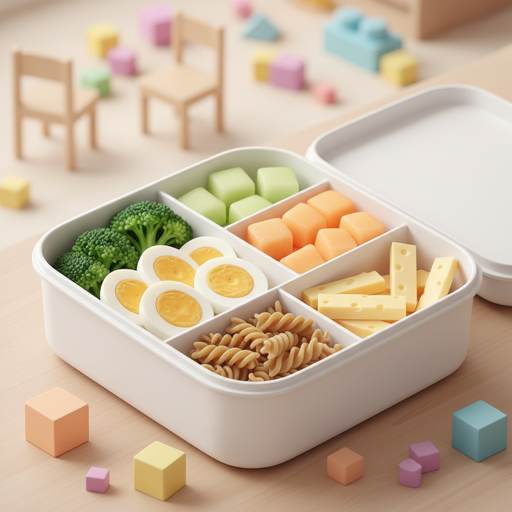 A colorful bento-style lunch box filled with neatly arranged, bite-sized finger foods for a 12-month-old, including fruit, veggie sticks, and small protein pieces, on a clean, light surface.