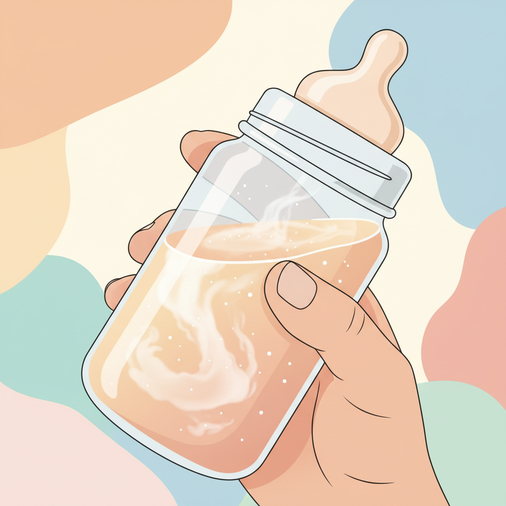 Close-up of a baby's bottle being prepared, with a gentle, out-of-focus background of a peaceful nursery.