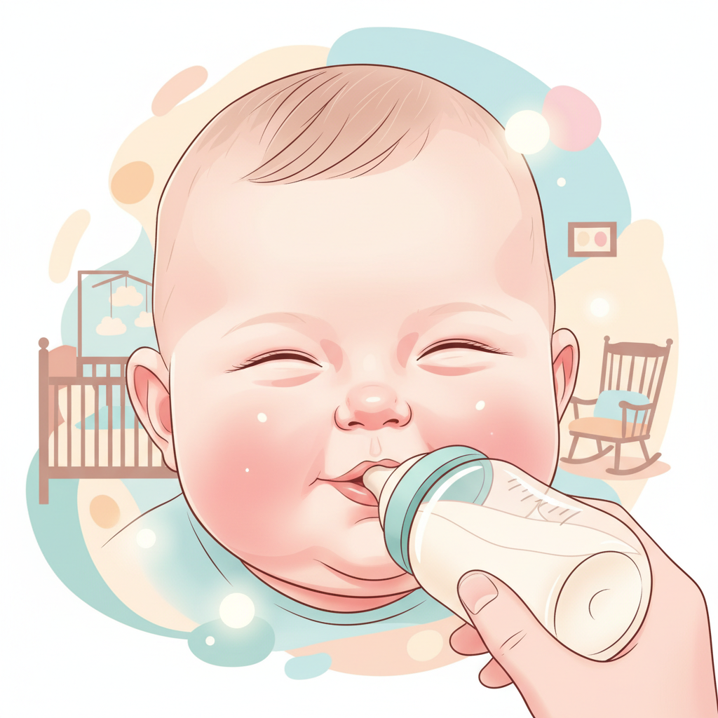 A calm baby being gently fed with a bottle, while a partially visible breast is in the background, suggesting combination feeding for a gassy baby.