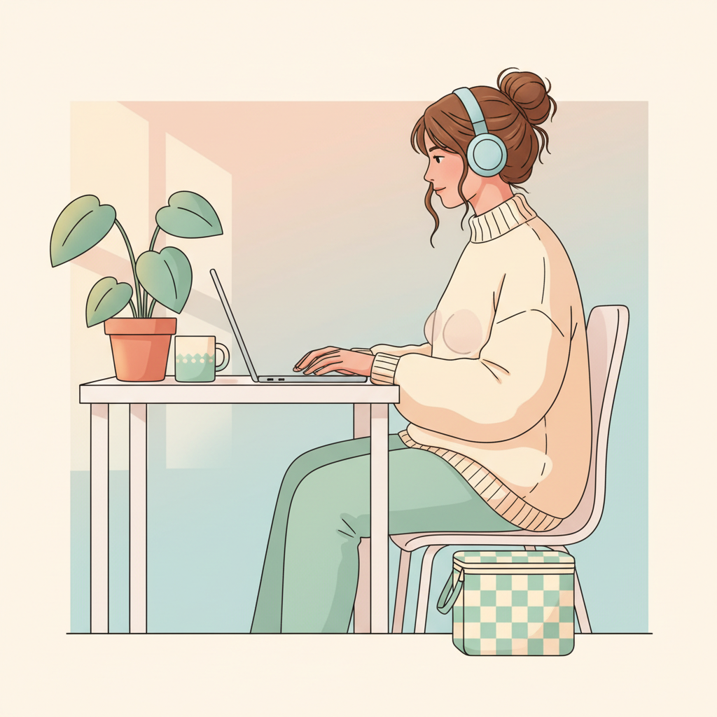 A working mother discreetly using a hands-free breast pump while seated at her desk, typing on a laptop with headphones on, appearing focused and efficient.