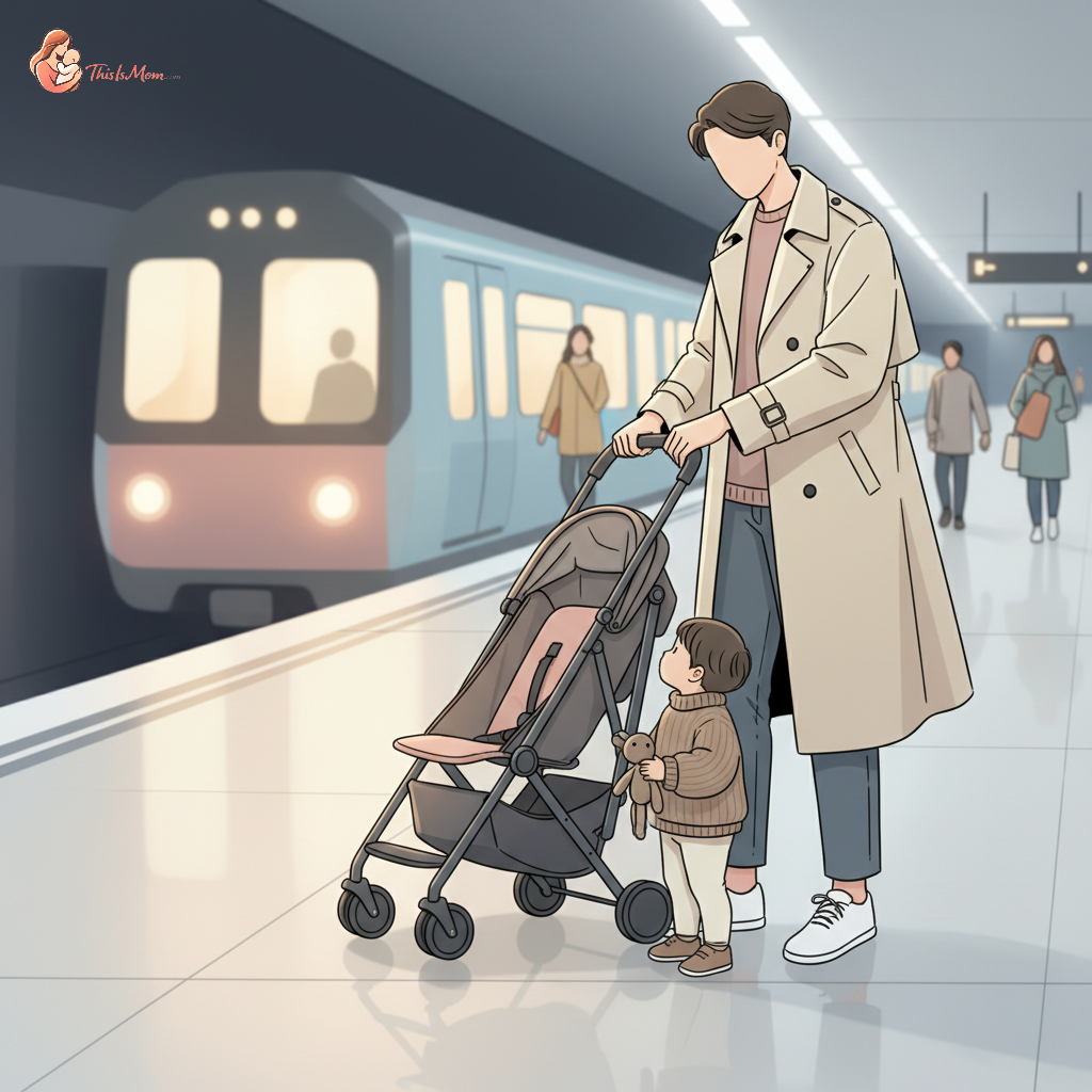 A parent effortlessly folding a compact, lightweight umbrella stroller on a busy city subway platform, with their toddler standing beside them.