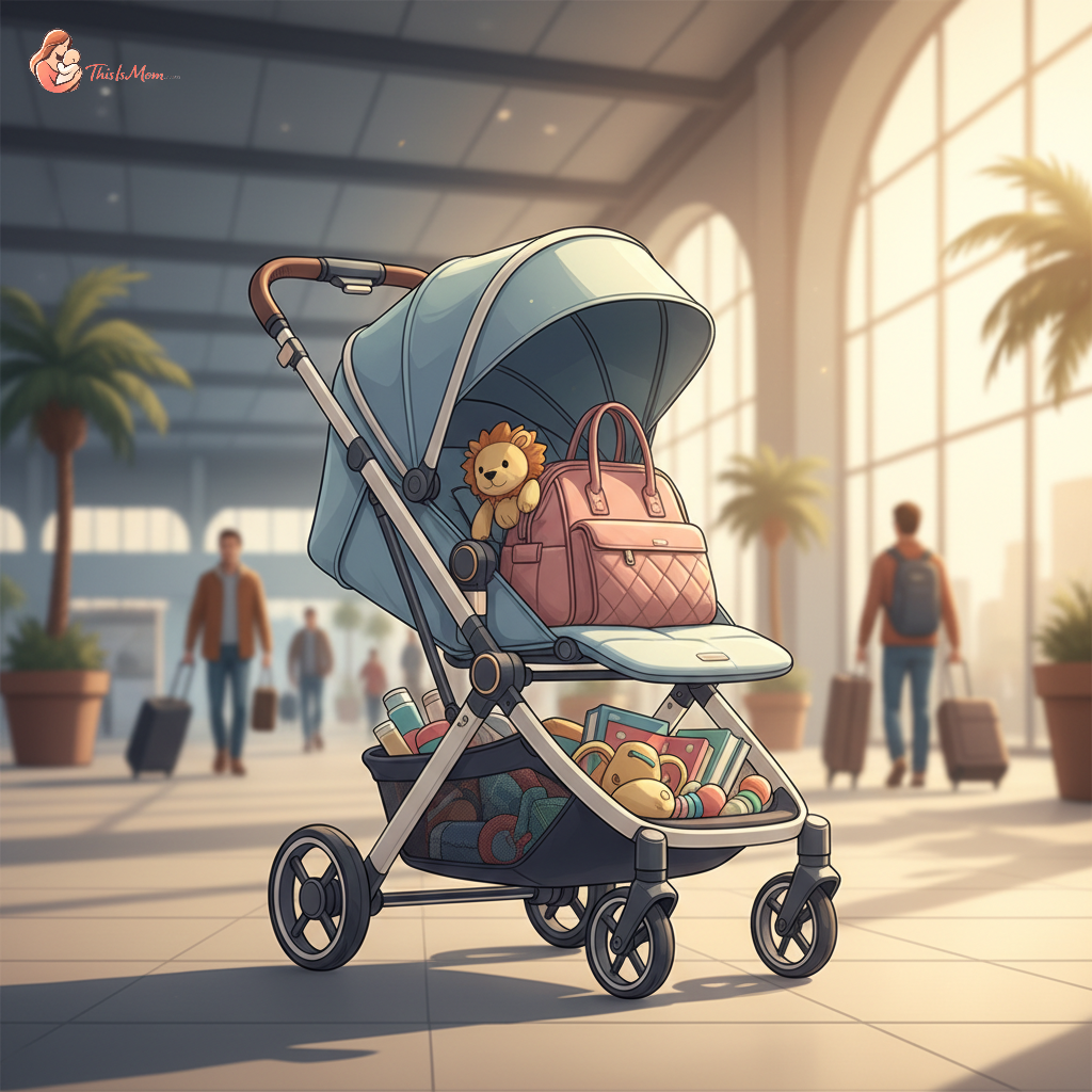 A lightweight, compact travel stroller under 15 pounds with a visibly large and accessible storage basket, parked in an airport terminal next to a gate, with a parent smiling nearby.