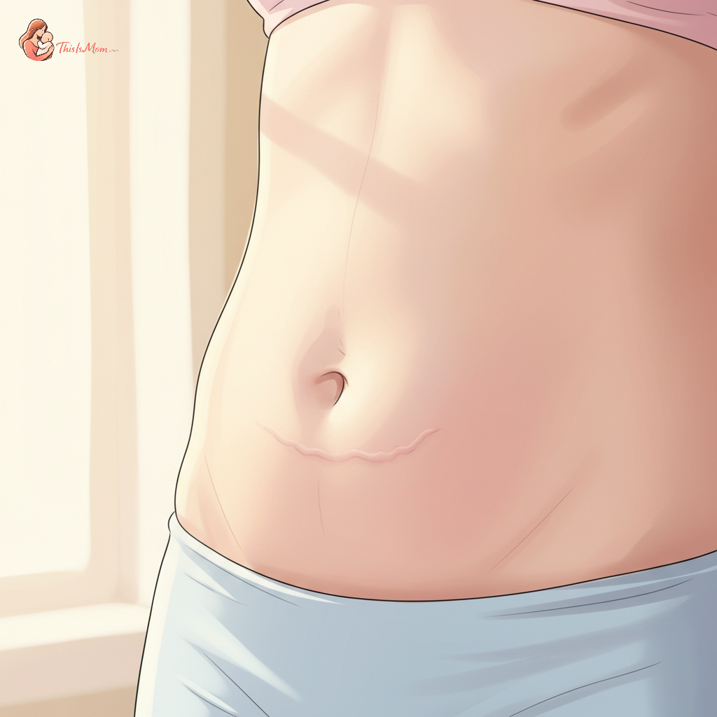 A close-up of a woman's lower abdomen, showing a C-section scar that is mostly healed, with a subtle 'shelf' visible above it. The skin is soft and normal, emphasizing the body's natural healing process.