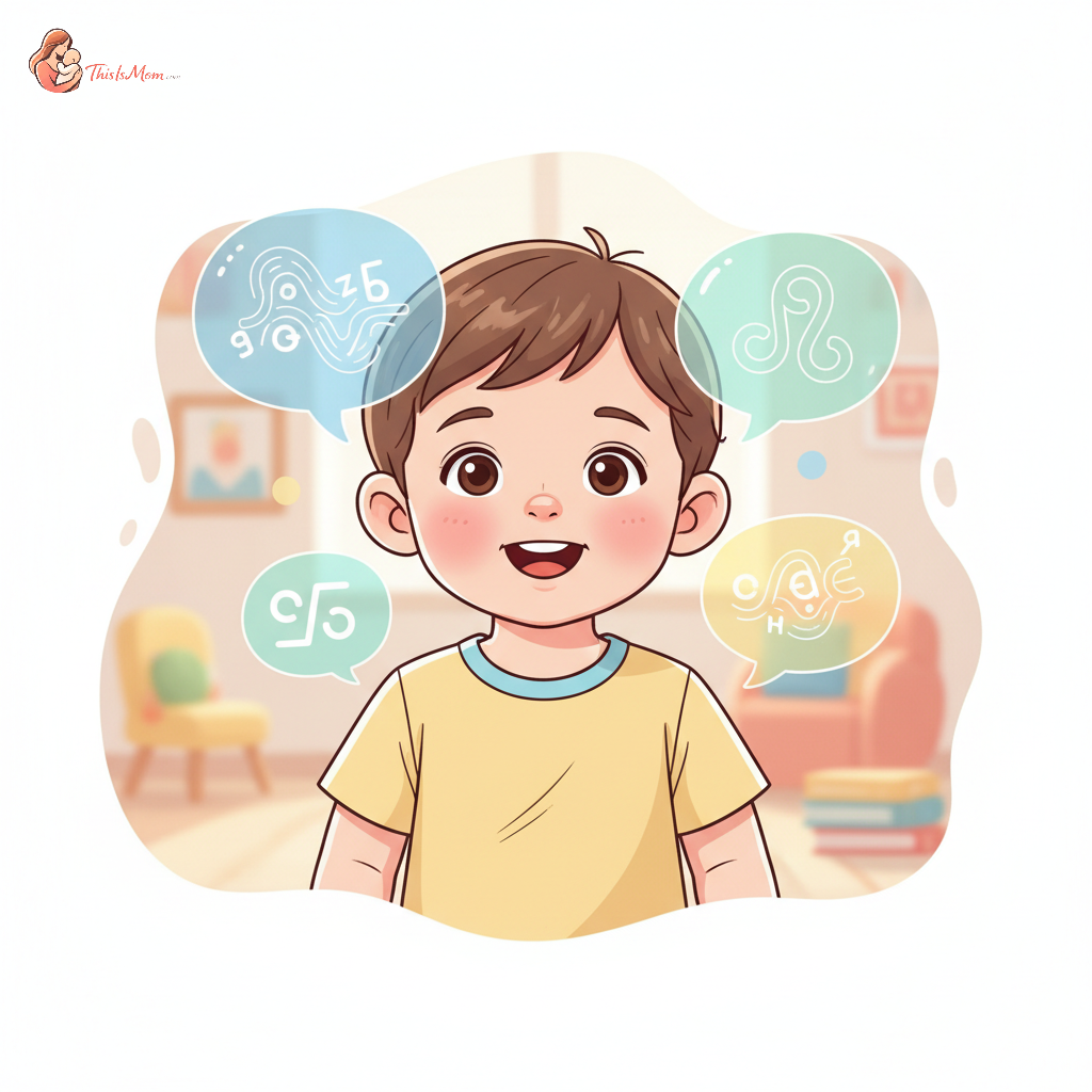 A happy child surrounded by colorful speech bubbles in two different languages, demonstrating cognitive flexibility and understanding, not confusion.