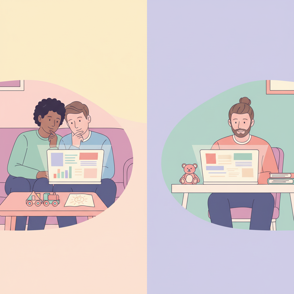 Two parents reviewing tax documents on a laptop, with a child's school artwork visible in the background, representing co-parenting and financial planning.