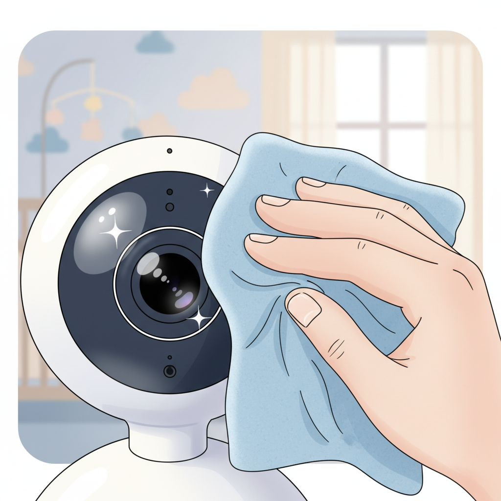 Close-up of a baby monitor camera lens being gently cleaned with a microfiber cloth, highlighting its clarity after the cleaning process.
