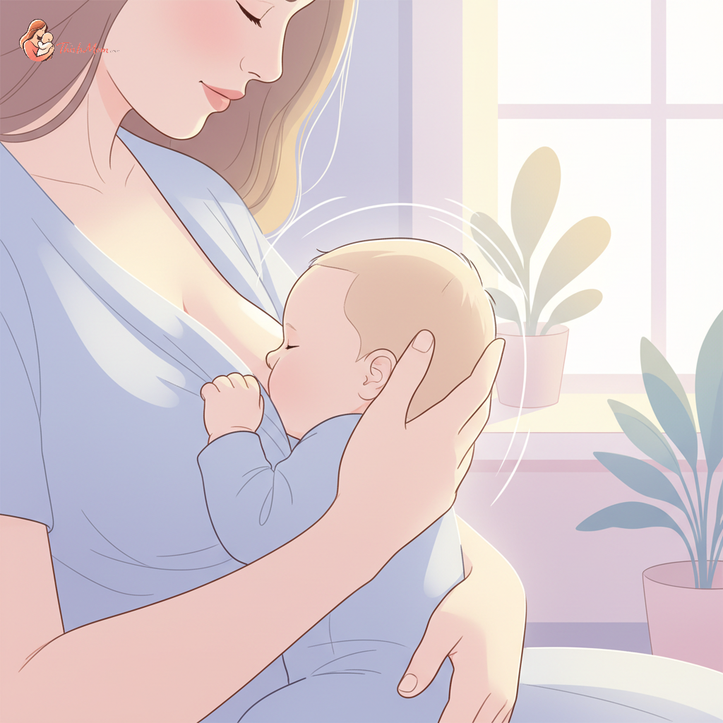 Close-up of a nursing mother's hands gently supporting her baby's head while breastfeeding, with a focus on comfort and connection.