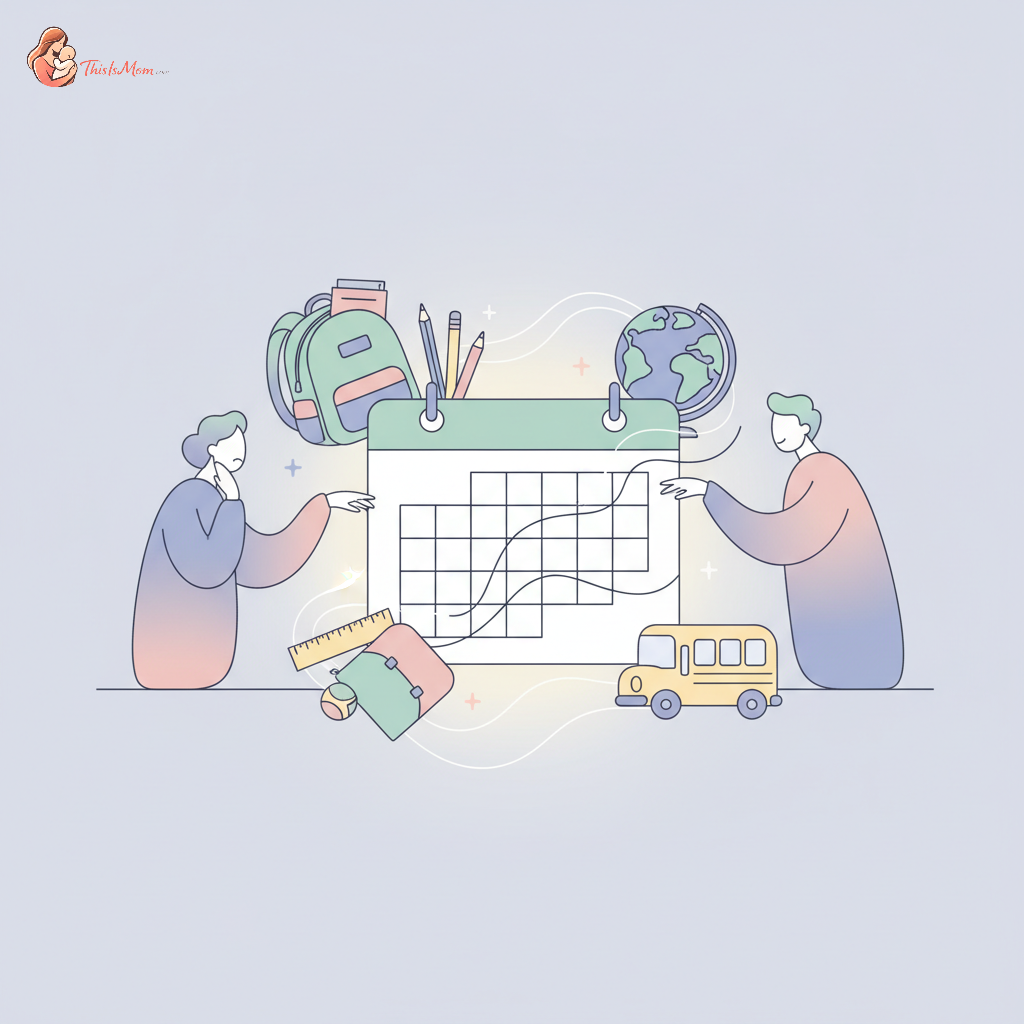 Two parents, possibly co-parents, looking at a school calendar or planner with a child in the background, subtly illustrating collaboration during back-to-school season.