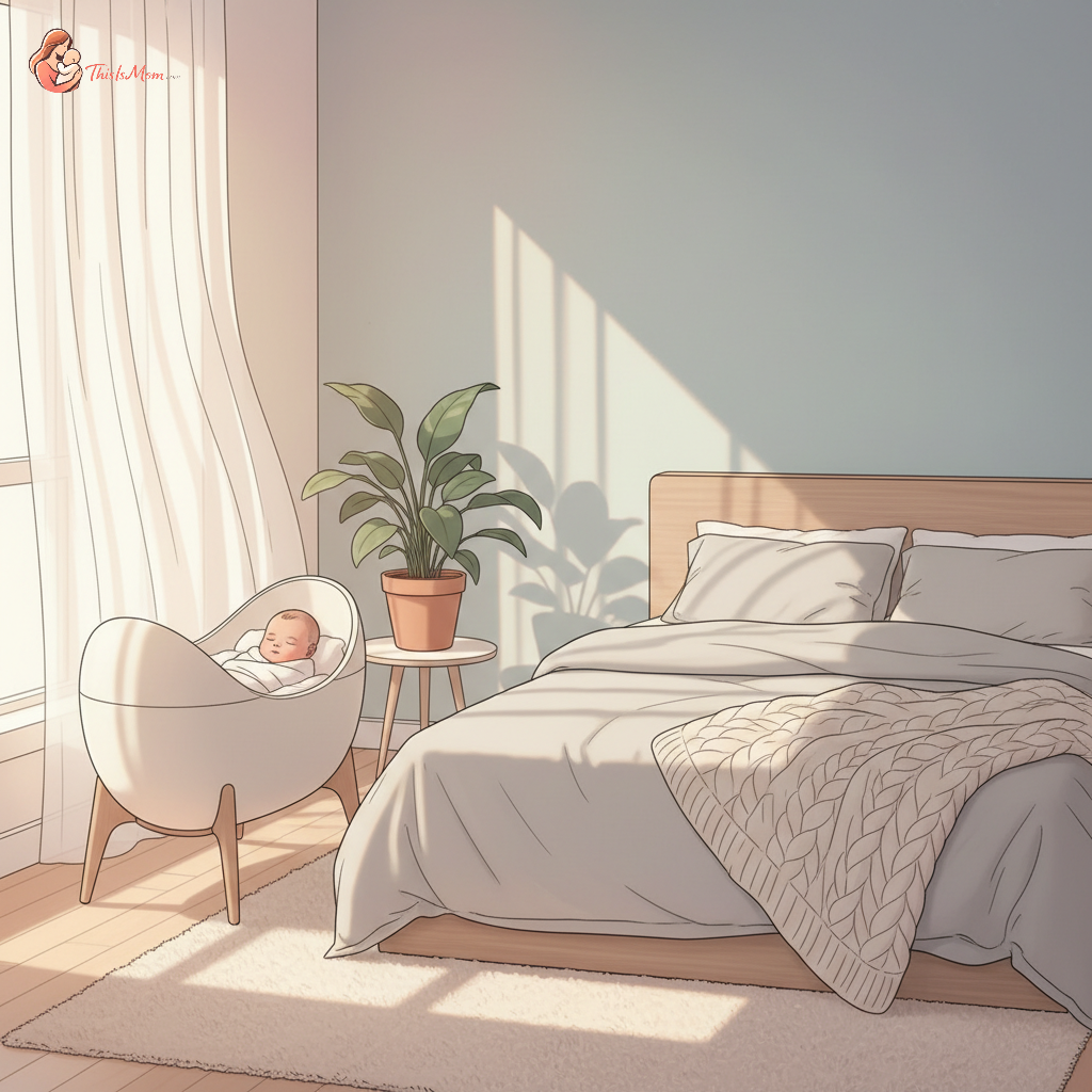 A calm, dimly lit nursery scene showing a bassinet positioned right next to a parent's bed, emphasizing safe room-sharing practices for a newborn.