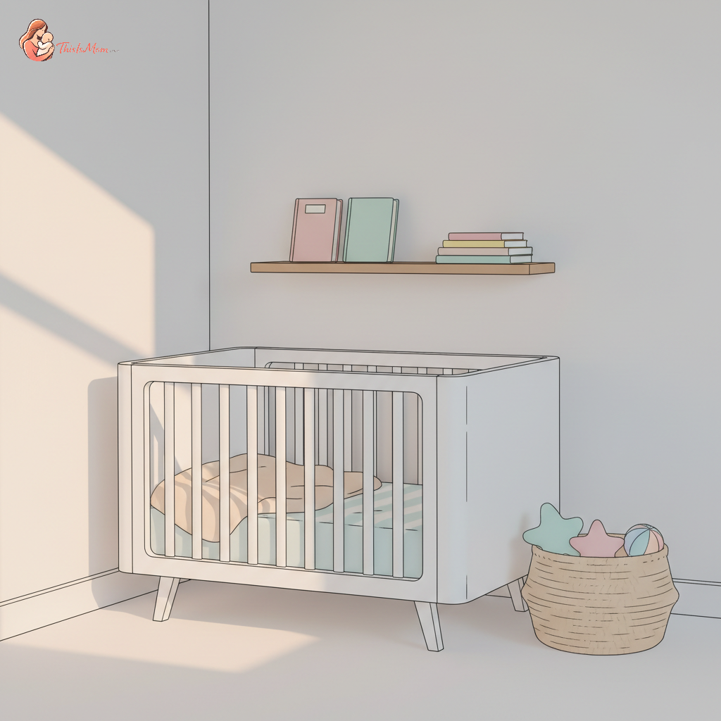 A cozy, minimalist baby sleep setup in a small apartment. A white mini-crib with a neutral blanket is tucked into a corner, subtly separated by a decorative room divider. Soft, indirect light fills the space, highlighting smart vertical storage shelves above.