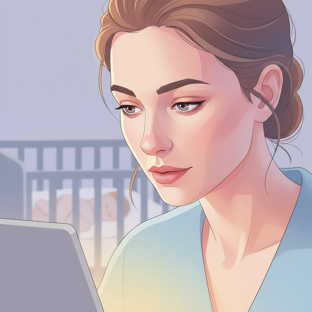 A tired but determined mother looking at her sleeping child in a crib, with a laptop open nearby, symbolizing the struggle between work and childcare decisions.