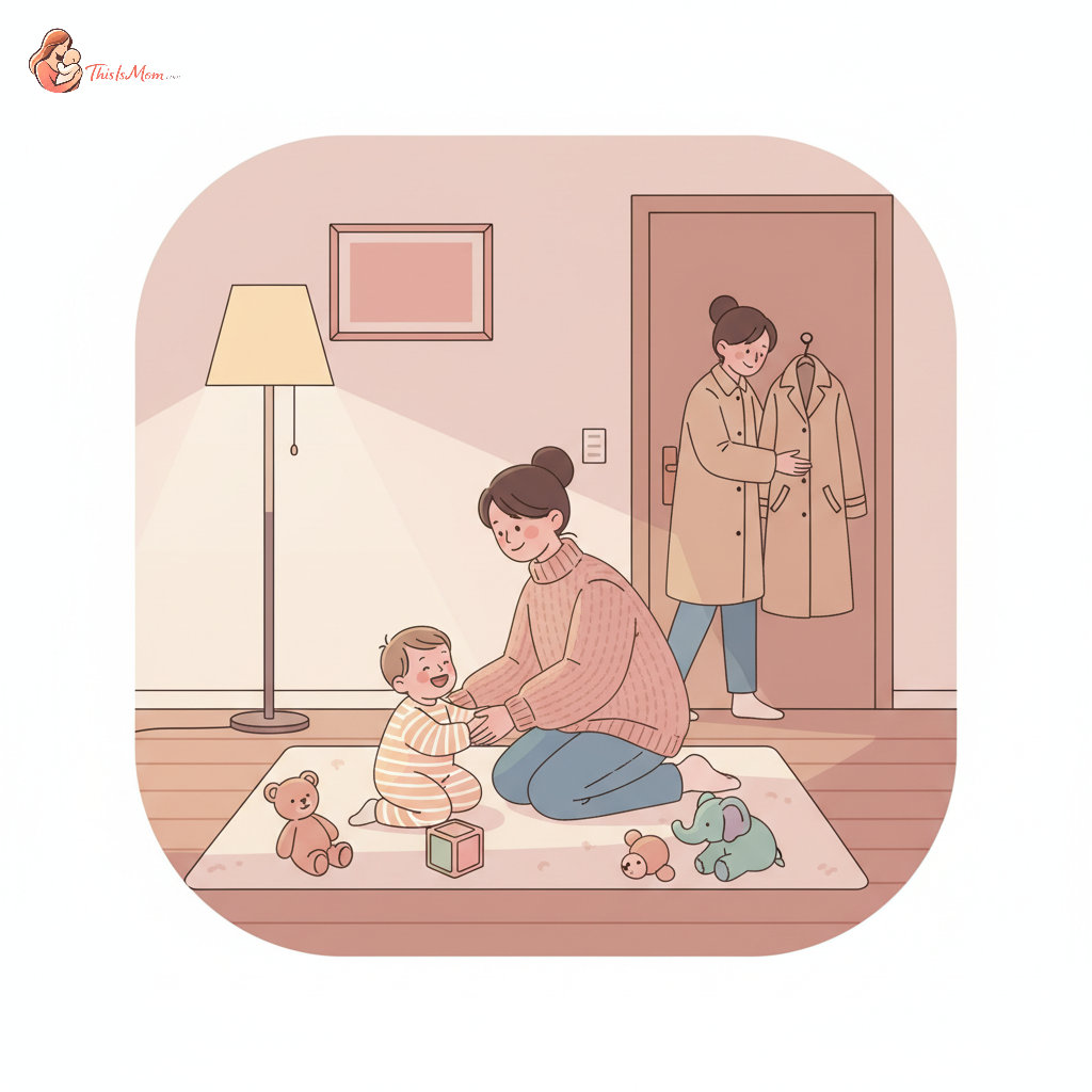 A parent looking reassured while a smiling babysitter gently engages with a happy child playing in a cozy living room at dusk.