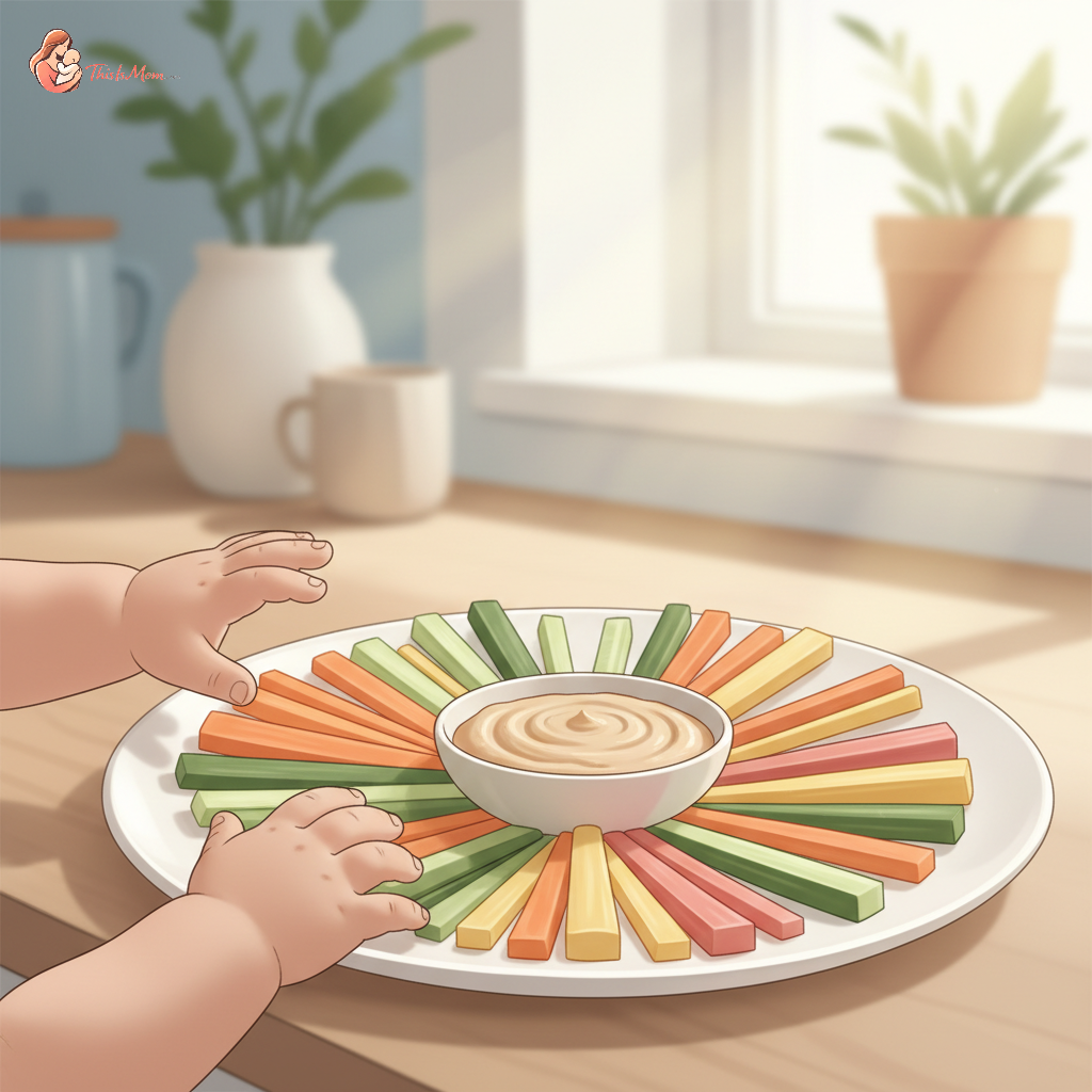 Happy toddler exploring colorful vegetable sticks on a plate with hummus, surrounded by bright, healthy ingredients in a sunlit kitchen, emphasizing fun and engagement.