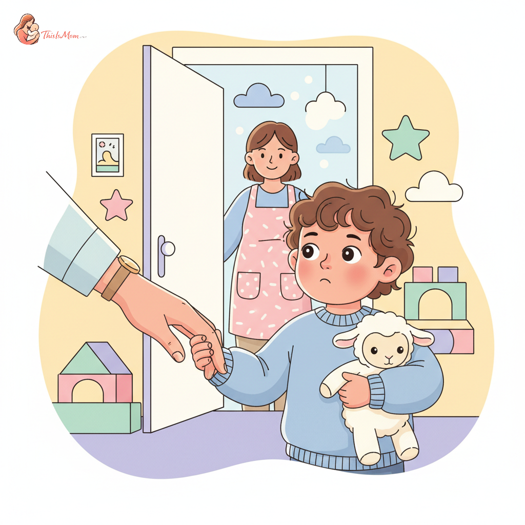 A parent giving a quick, loving hug to their two-year-old child at the entrance of a brightly colored daycare classroom, while the child looks back with a slight hesitation but comfort.