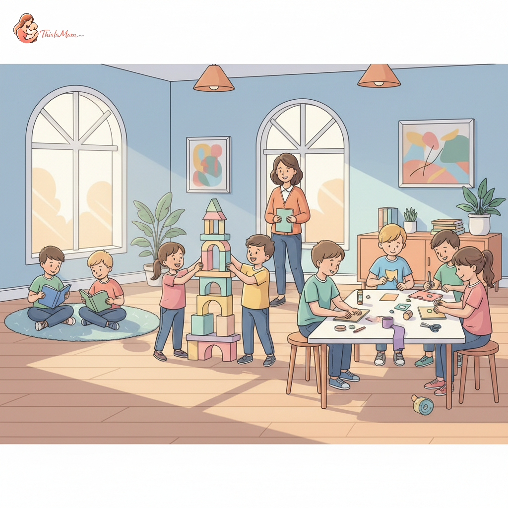 A diverse group of happy children engaged in various activities in a brightly lit, supervised after-school program, while a digital overlay highlights the text 'Dependent Care FSA.'