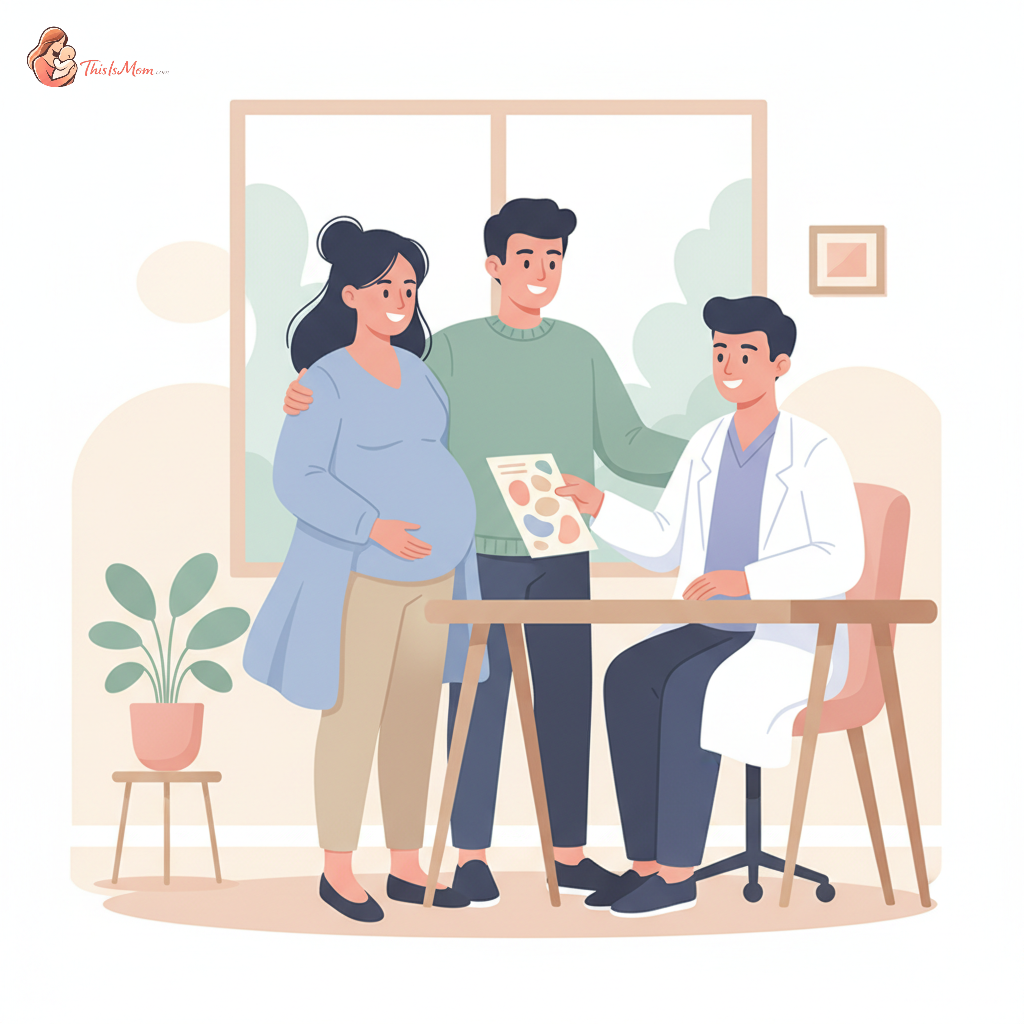 Pregnant person in a hospital room, discussing a document with a doctor and partner, conveying a sense of collaborative decision-making and clear communication.
