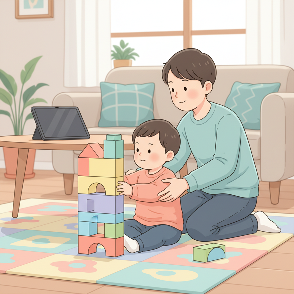 A toddler excitedly playing with colorful building blocks on the floor, while in the background, a tablet sits peacefully on a nearby table, no longer in use, with a parent’s hand gently guiding the child's play.