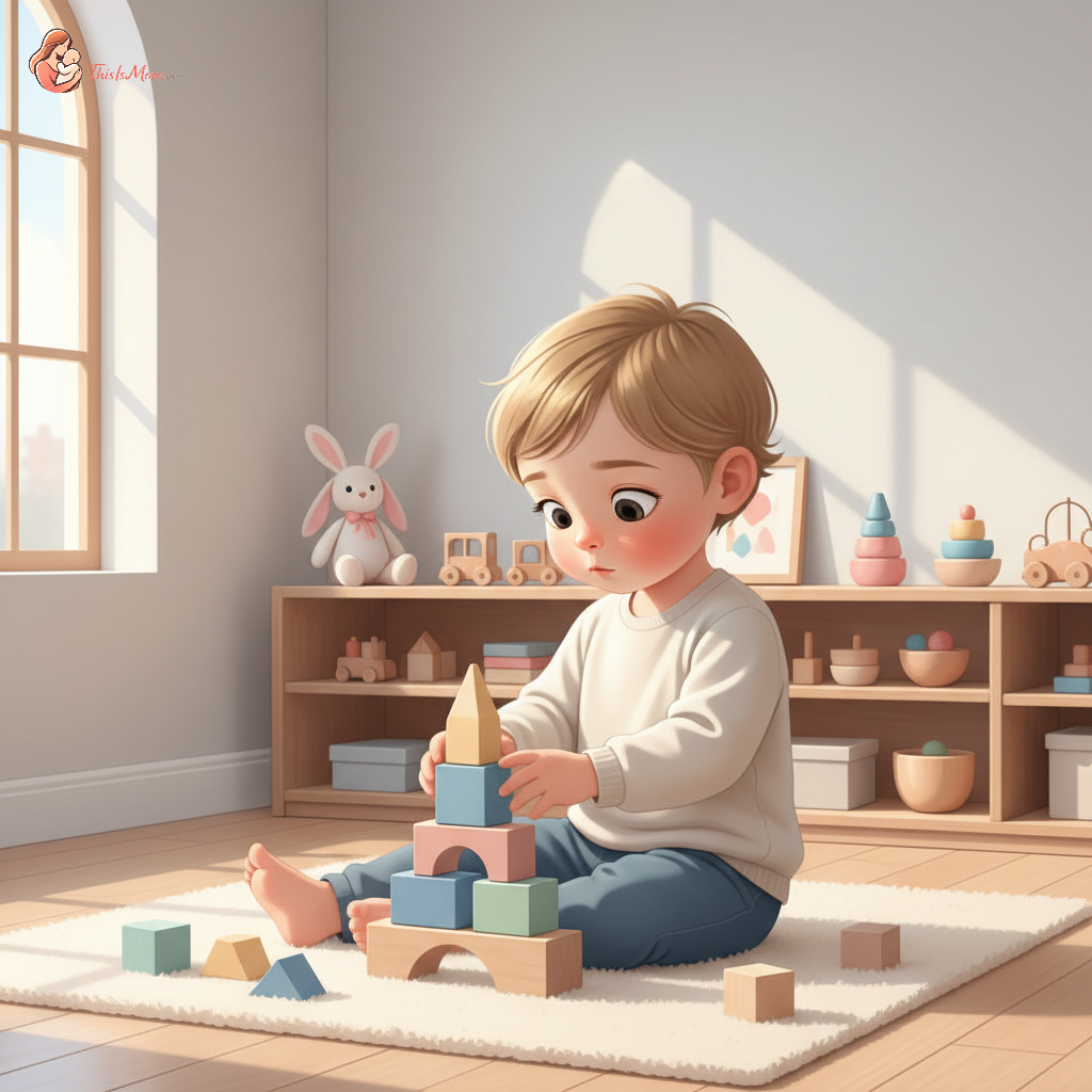 A 2.5-year-old child happily playing alone with wooden blocks on a colorful rug in a bright, organized playroom.