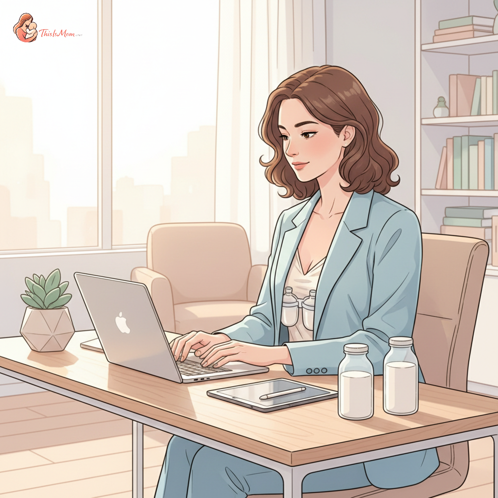 A determined working mother, wearing a hands-free pumping bra, efficiently pumping breast milk at her tidy home office desk, with baby bottles and a laptop visible, symbolizing multitasking and dedication.