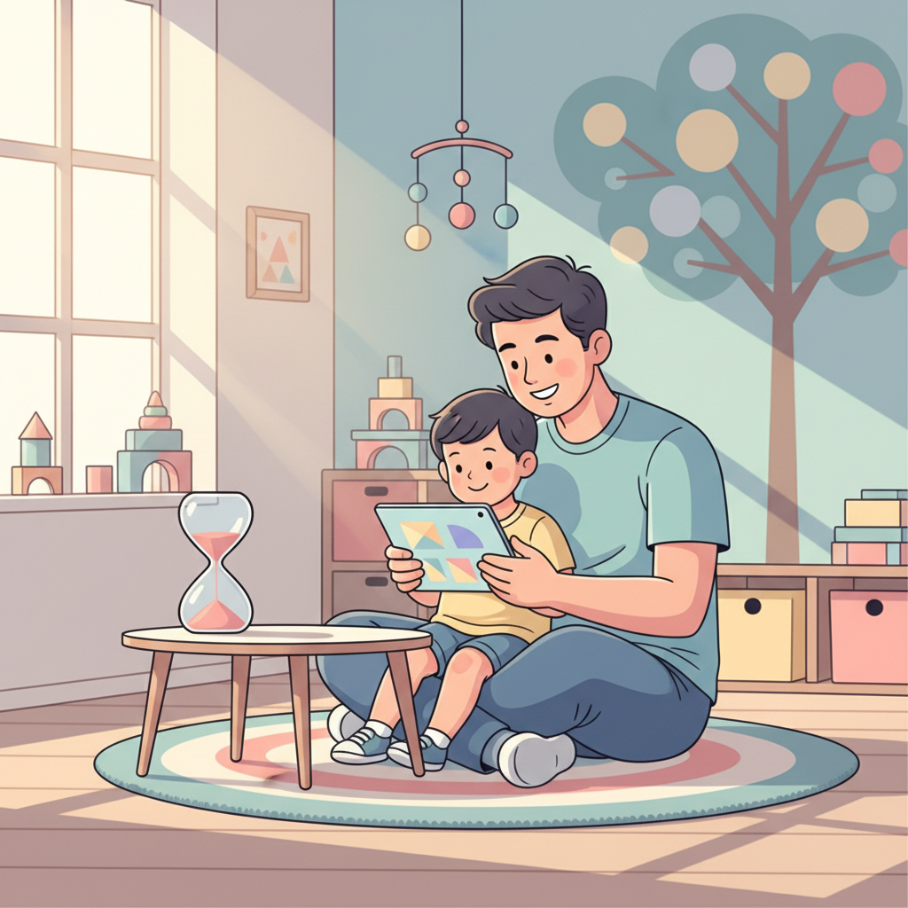 A parent and their 3-year-old child looking at an educational app on a tablet together, with a visible sand timer nearby, in a bright, child-friendly living room.