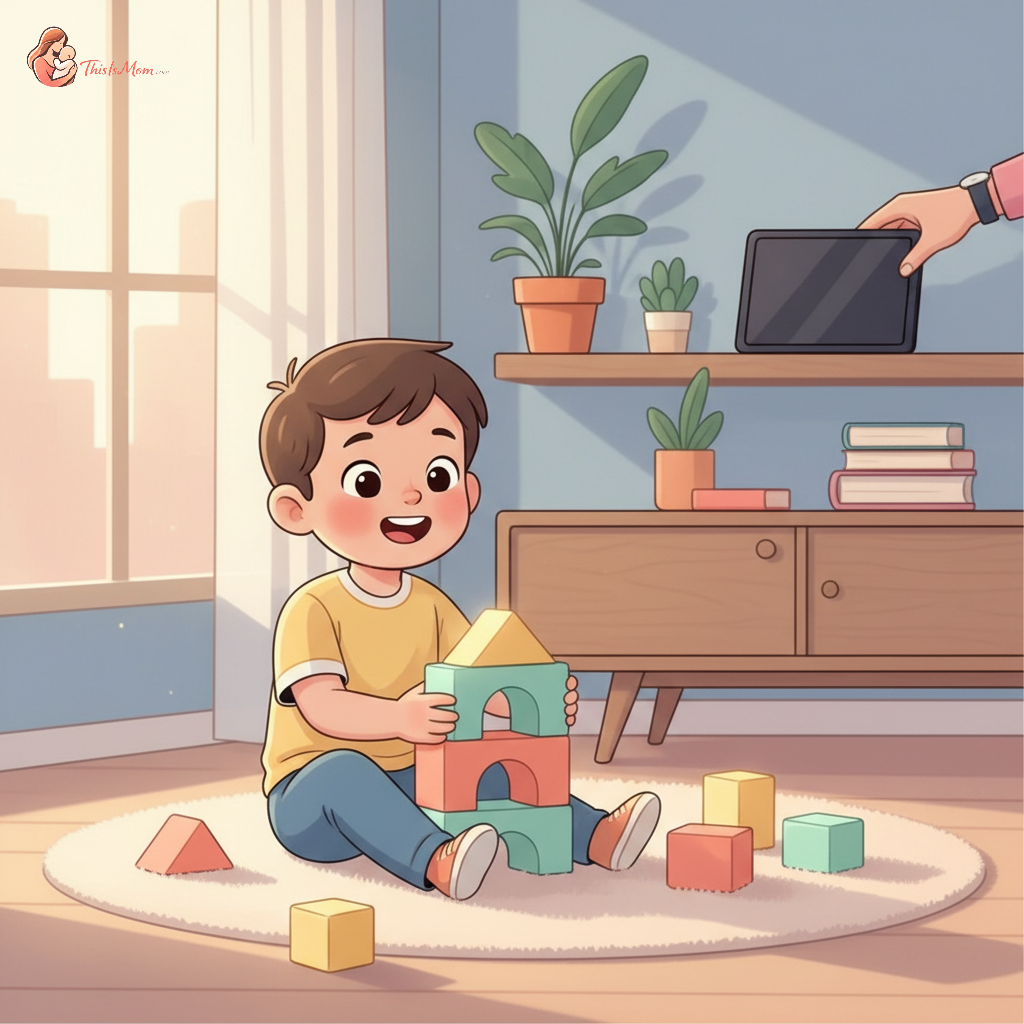 A 3-year-old child happily playing with colorful building blocks on a rug, with a parent gently smiling in the background. A tablet device is visible but turned off and placed away, suggesting a transition from screen time.