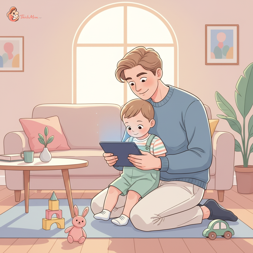 A calm parent gently explaining to a sad but curious toddler why their tablet screen is dark, with the tablet lying next to them on a cozy rug.