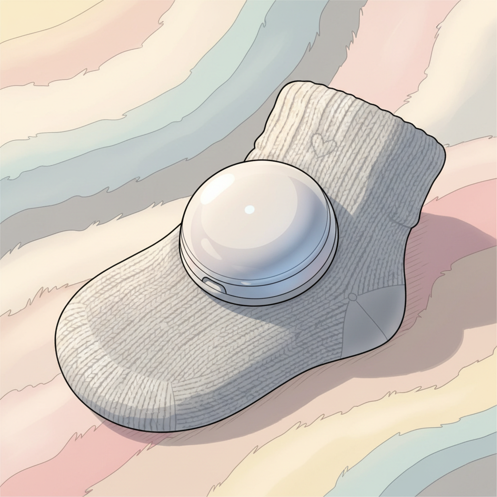 Close-up of an Owlet Smart Sock sensor nestled cleanly within its fabric sock, placed on a light-colored, soft surface, with gentle, diffused lighting.