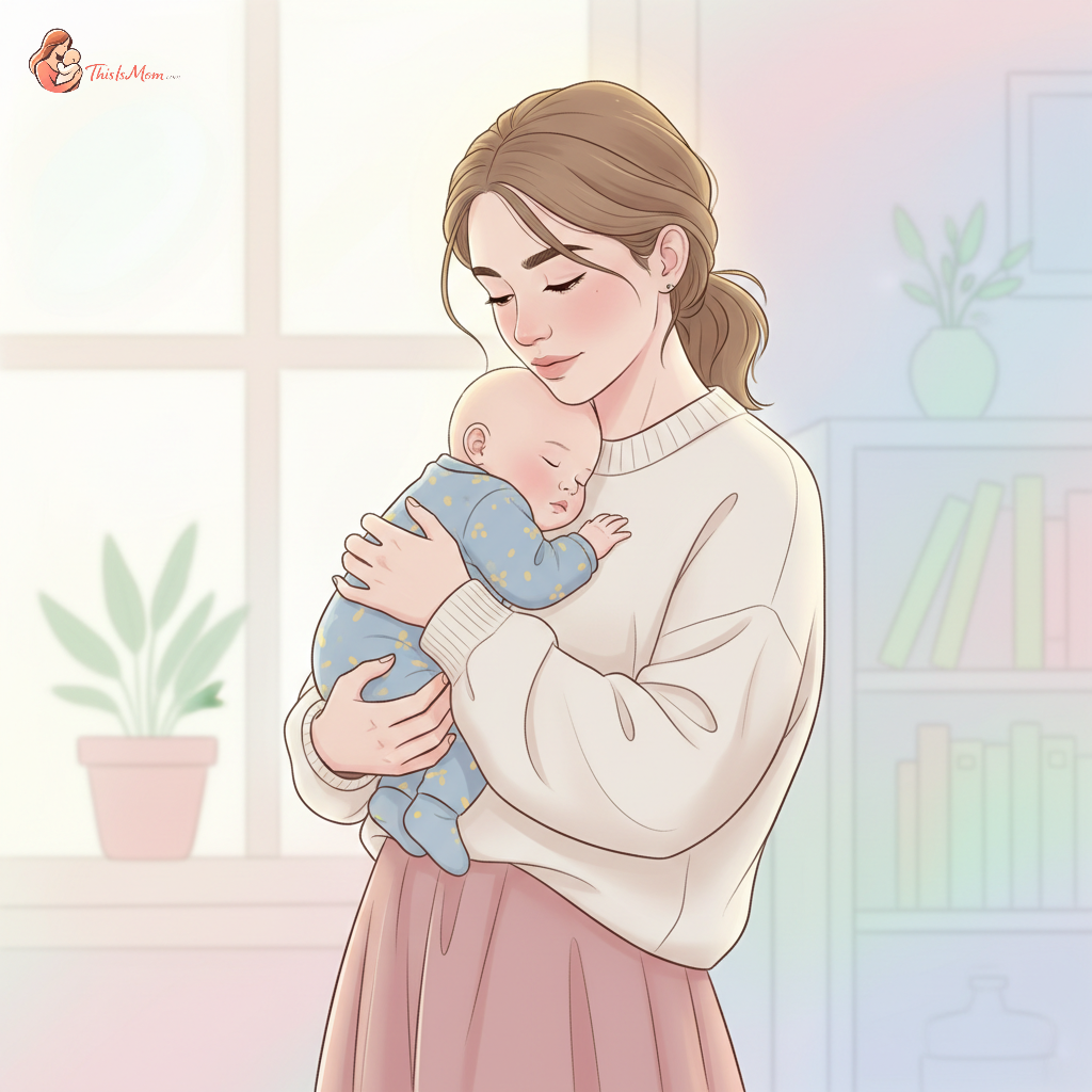 A diverse Gen Z mother, looking tired but determined, with a baby strapped to her in a carrier, looking at her phone while standing in a brightly lit, modern but slightly messy room.