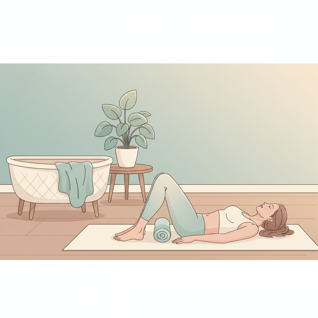 Woman practicing gentle postpartum exercises on a yoga mat with a newborn nearby.