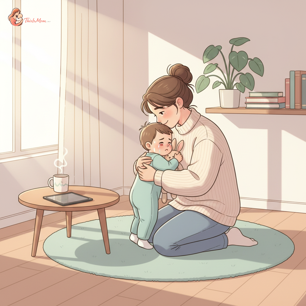 A parent calmly comforting a young child who is upset next to a turned-off tablet or TV, demonstrating connection and empathy during a screen time transition.