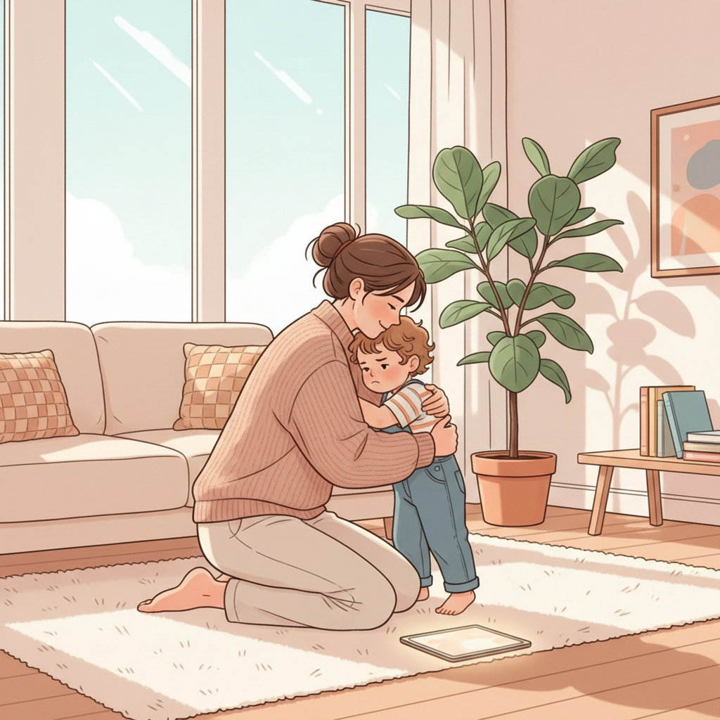 A parent softly comforting a child who is looking upset, next to a tablet screen that has just been turned off, in a warm, inviting living room setting.