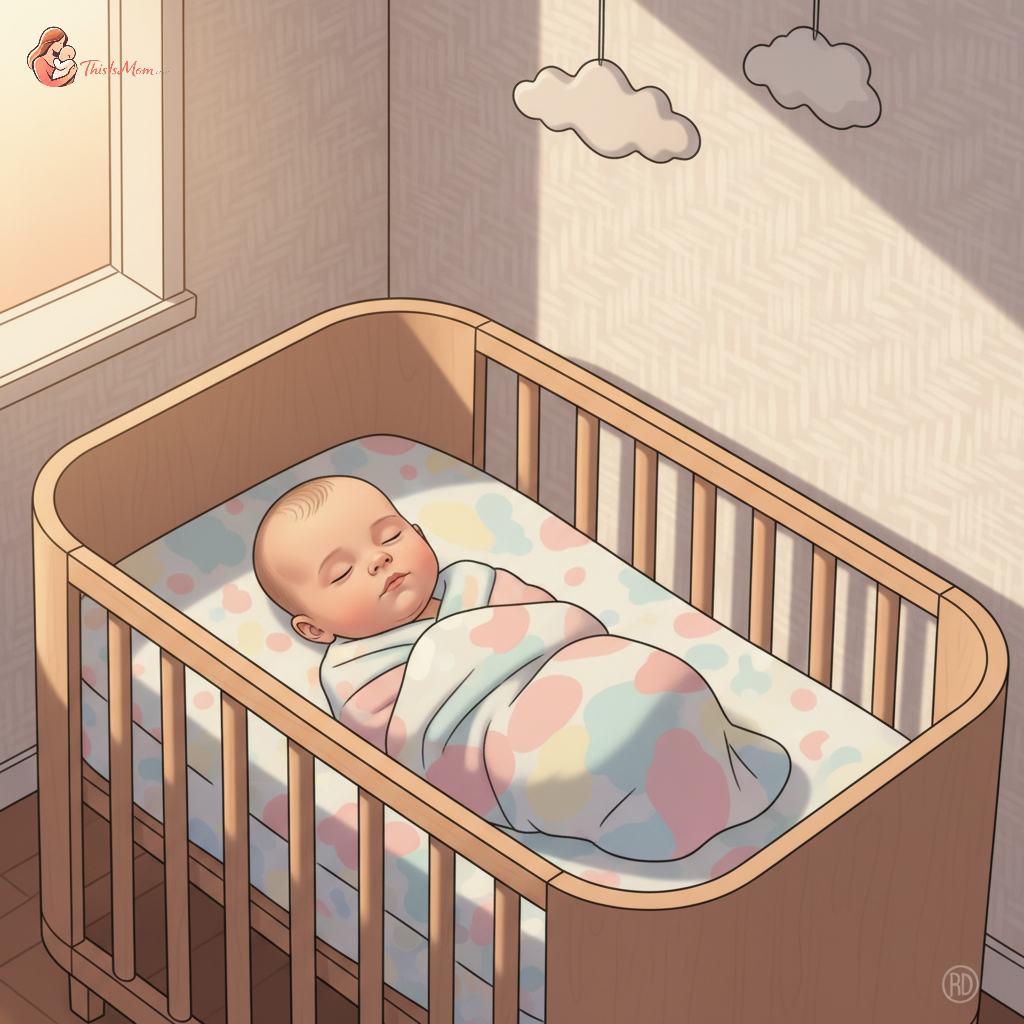 A peaceful 6-month-old baby sleeping soundly in a crib with a soft blanket, soft lighting, calm atmosphere