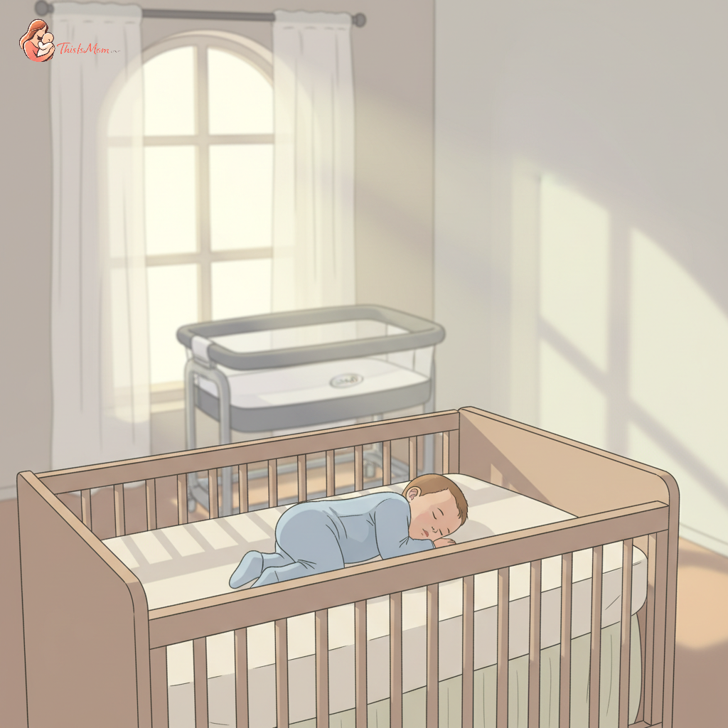 A baby peacefully sleeping on their back in a safe, bare crib, with a a Graco SnuggleSwaddle bassinet subtly visible in the background, outgrown.