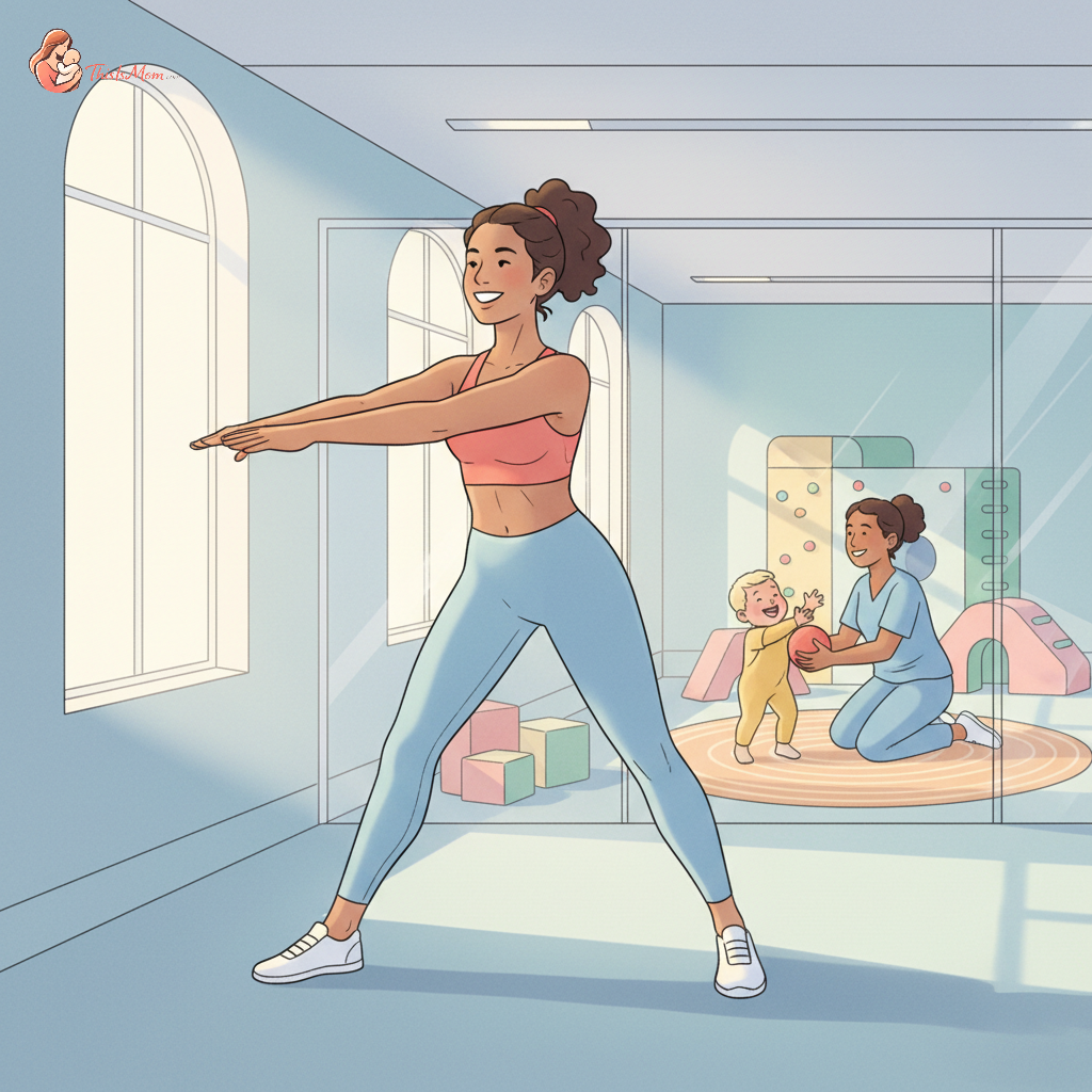 Happy mother stretching in a modern gym while her child plays safely in a bright, supervised kids' area in the background, symbolizing balance and wellness.