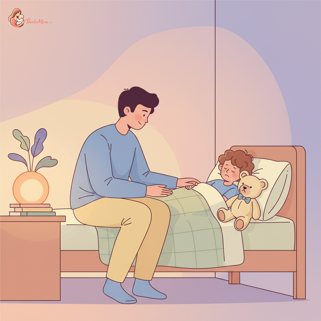 Parent gently comforting a scared 3-year-old child in a dim, cozy bedroom after a nightmare, with a soft nightlight glowing