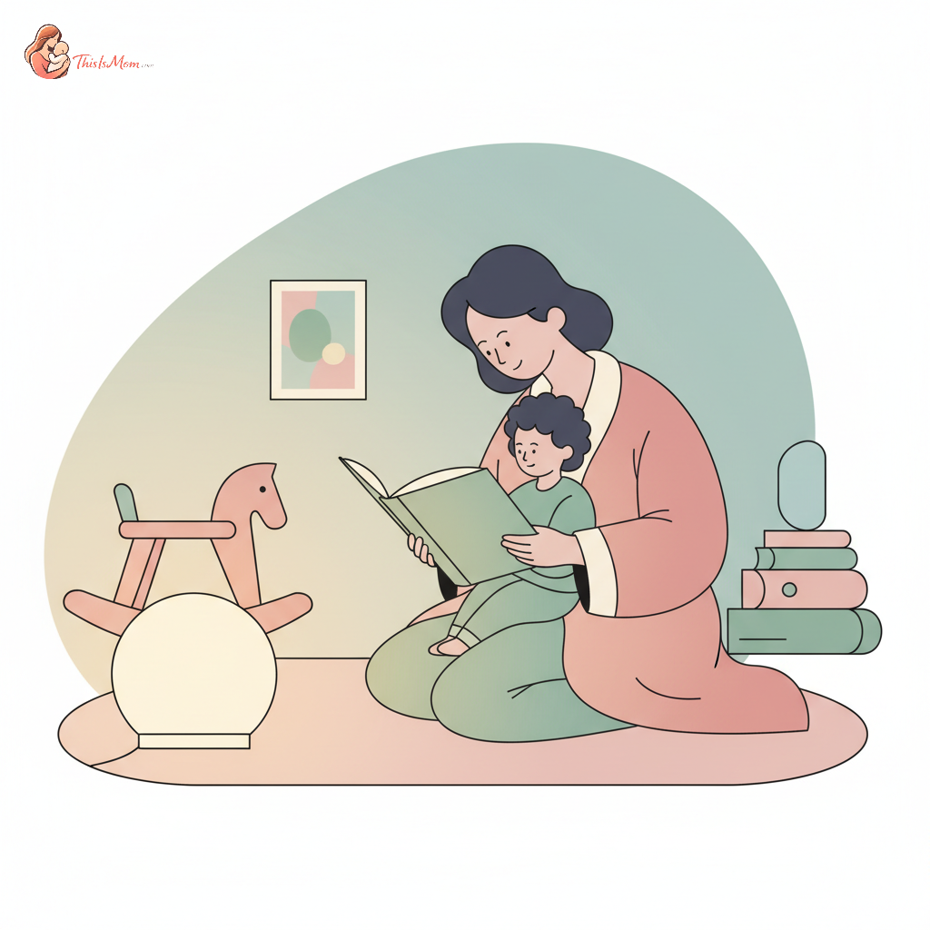 A comforting night scene with a parent reading a story to a 3-year-old in a softly lit bedroom, with a gentle night light glowing.