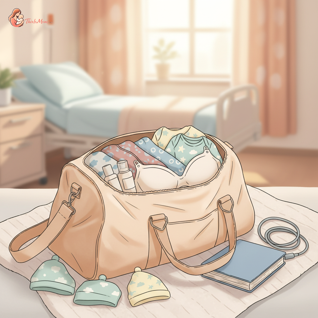 A perfectly packed hospital bag overflowing with comfortable mom essentials, two sets of tiny baby clothes, and a few snacks, with a blurred hospital room in the background.